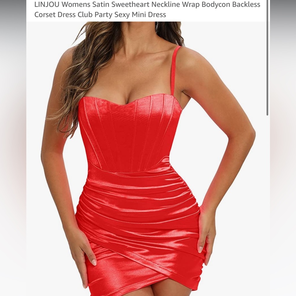 LINJOU Women’s Satin Sweetheart Neckline Wrap Dress